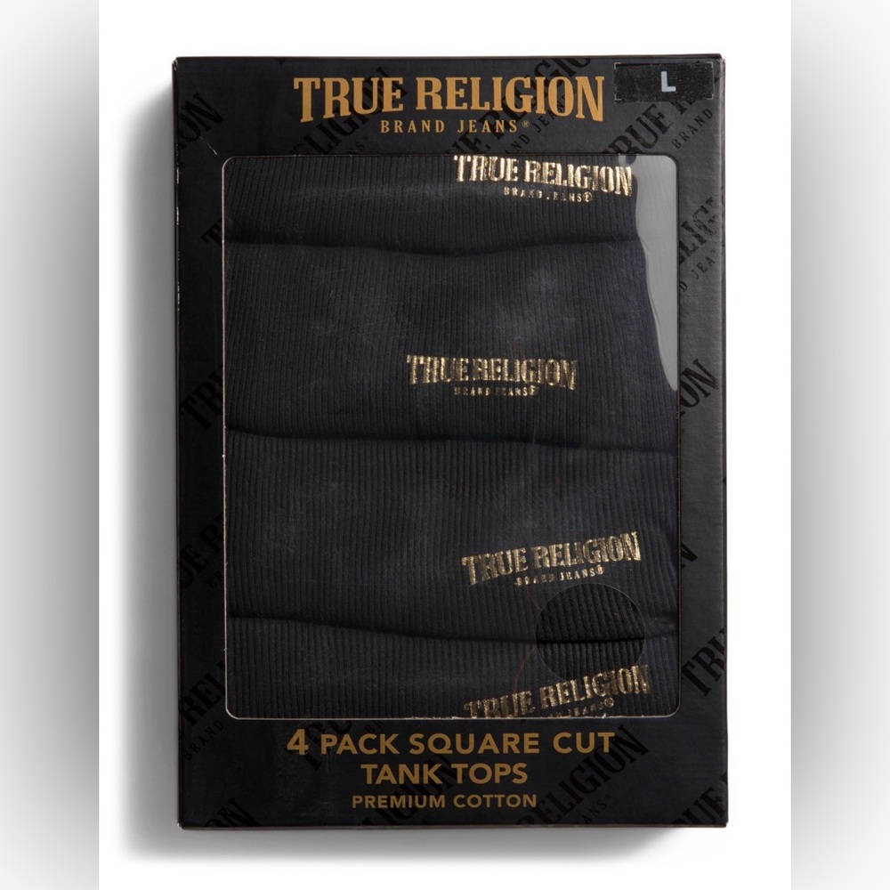 True Religion Ribbed Tank Tops 4 Pack Black Metallic Logo Men’s L Square Cut